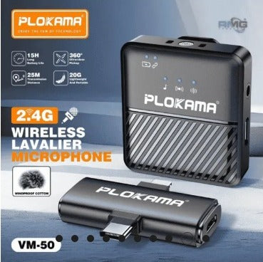 PLOKAMA VM50 Wireless Microphone – Lavalier Single Mic, Windproof Clip-On for Mobile & Camera Recording